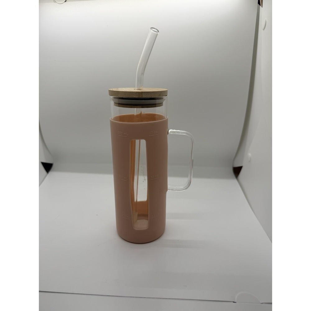 Mainstays 22oz Glass Tumbler with Pink Silicone Sleeve, Bamboo Lid & Straw